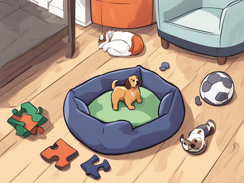 Juguetes y espacio confortable para perro con ansiedad