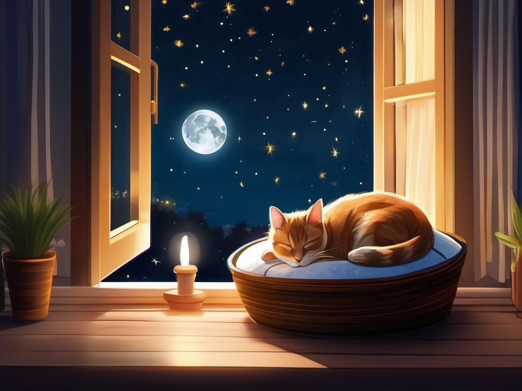 Gato durmiendo tranquilamente bajo la luz de la luna
