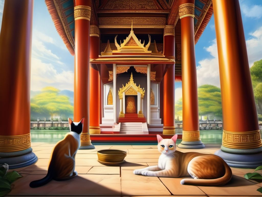 Gatos siameses en templo antiguo