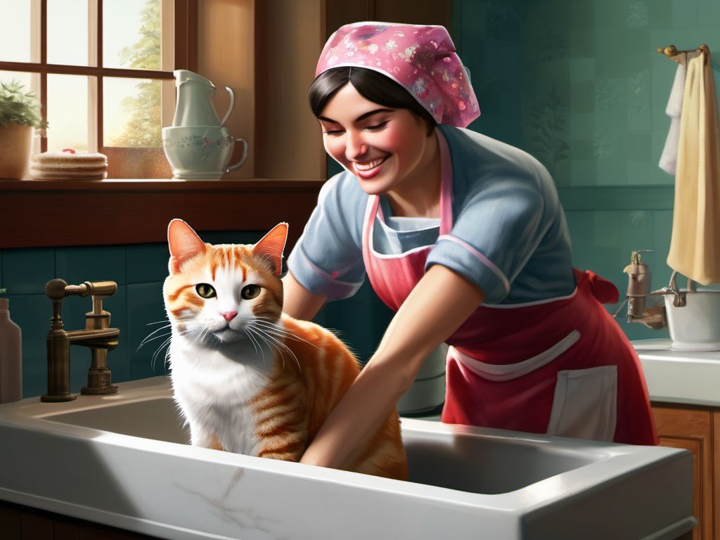 Un gato bañándose